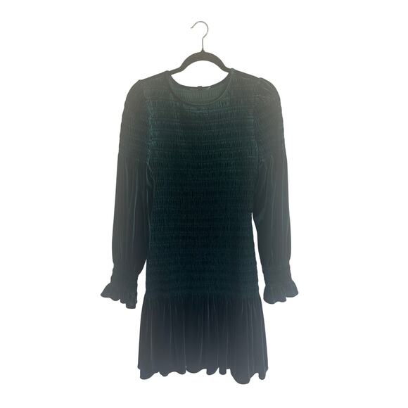 Gianni Bini Women's Smocked Velvet Mini Dress M Long Sleeve Ruffle Hem Green - Picture 2 of 13
